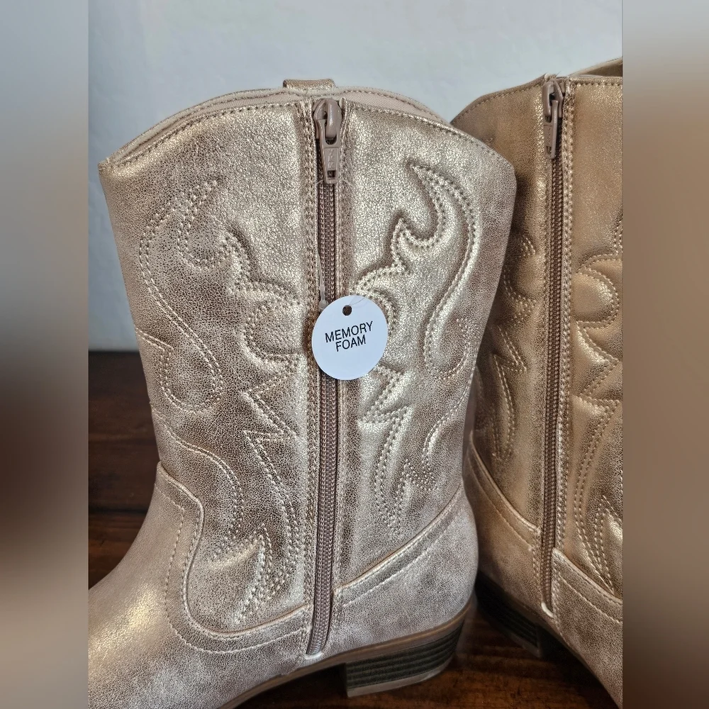 Shimmering Metallic Gold Zip Up Memory Foam Girls Cowboy Boots Size 5 & 6 NWB